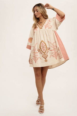 Thousand Palms Boho Embroidered Babydoll Dress