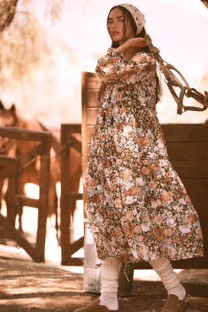 Western Rose Floral Print Midi Dress