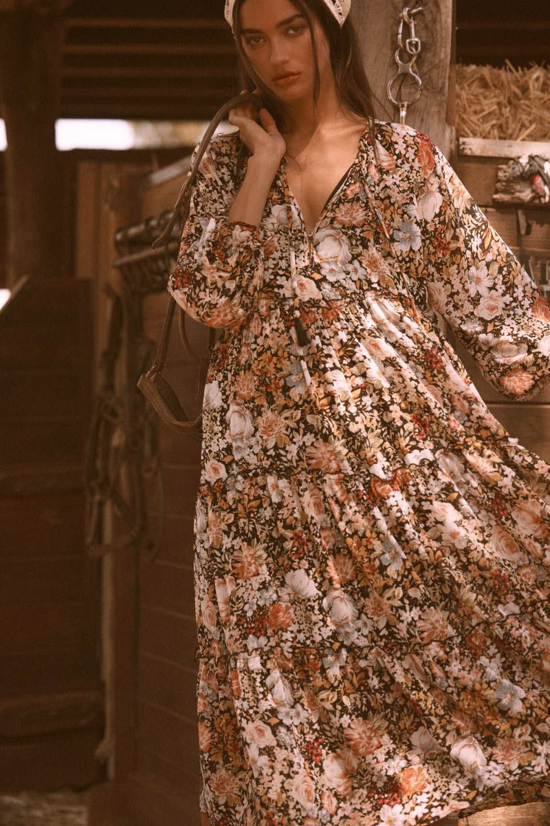 Western Rose Floral Print Midi Dress