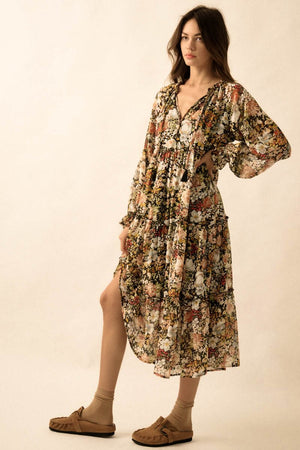 Western Rose Floral Print Midi Dress