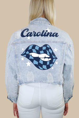 Carolina Blue Checkered Lips Denim Jacket