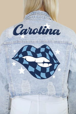 Carolina Blue Checkered Lips Denim Jacket