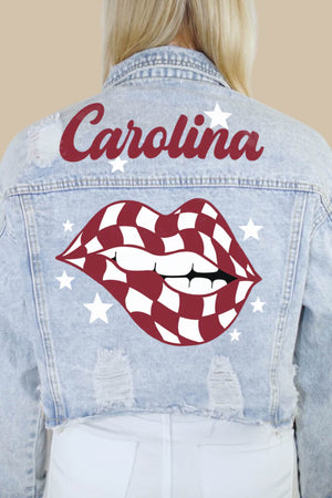 Carolina Burgundy Checkered Lips Denim Jacket