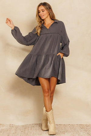 Charisse Charcoal Gauze Collared Tiered Dress