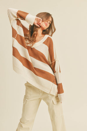 Coffee Talk Wide Stripe V-Neck Sweater