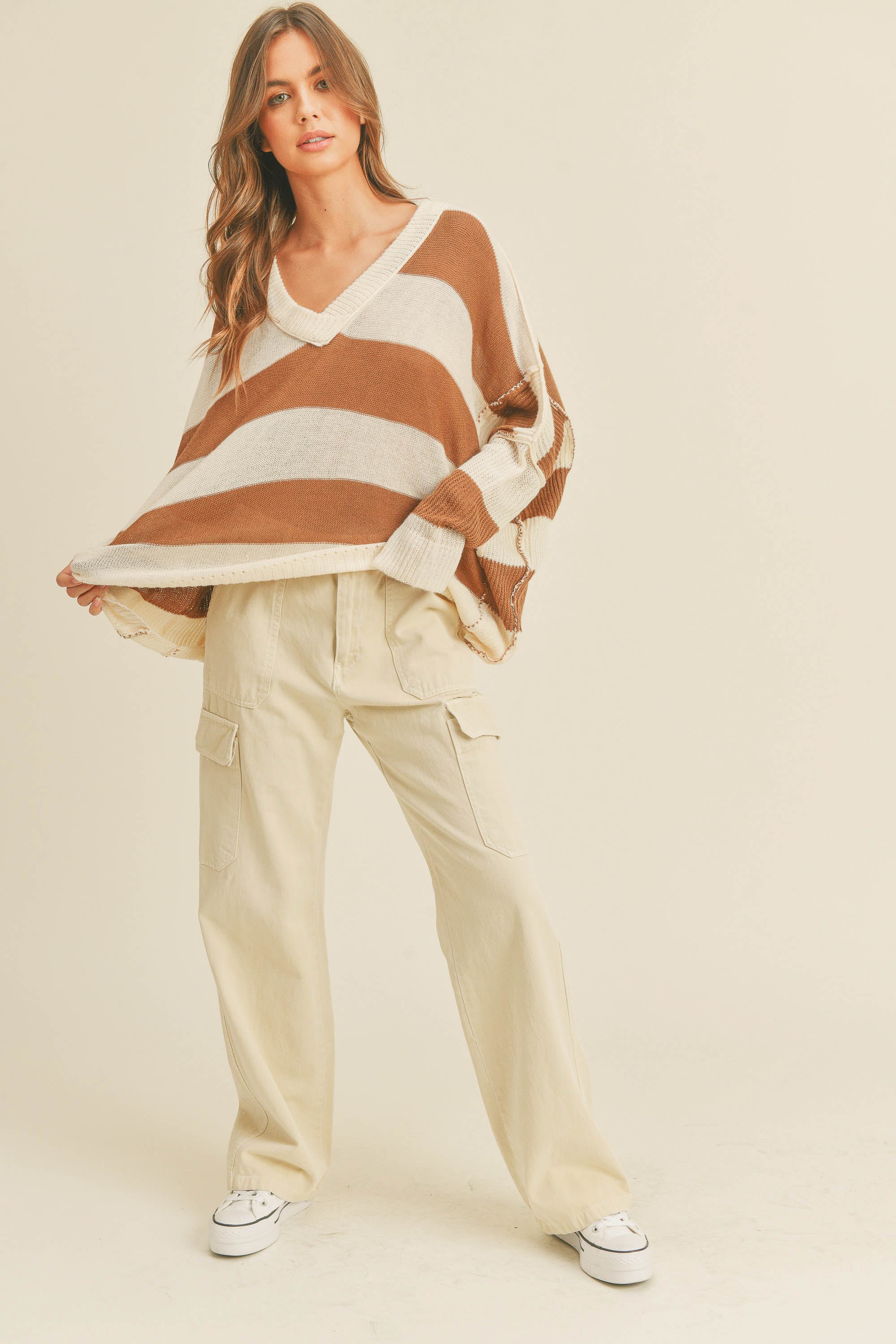 Coffee Talk Wide Stripe V-Neck Sweater