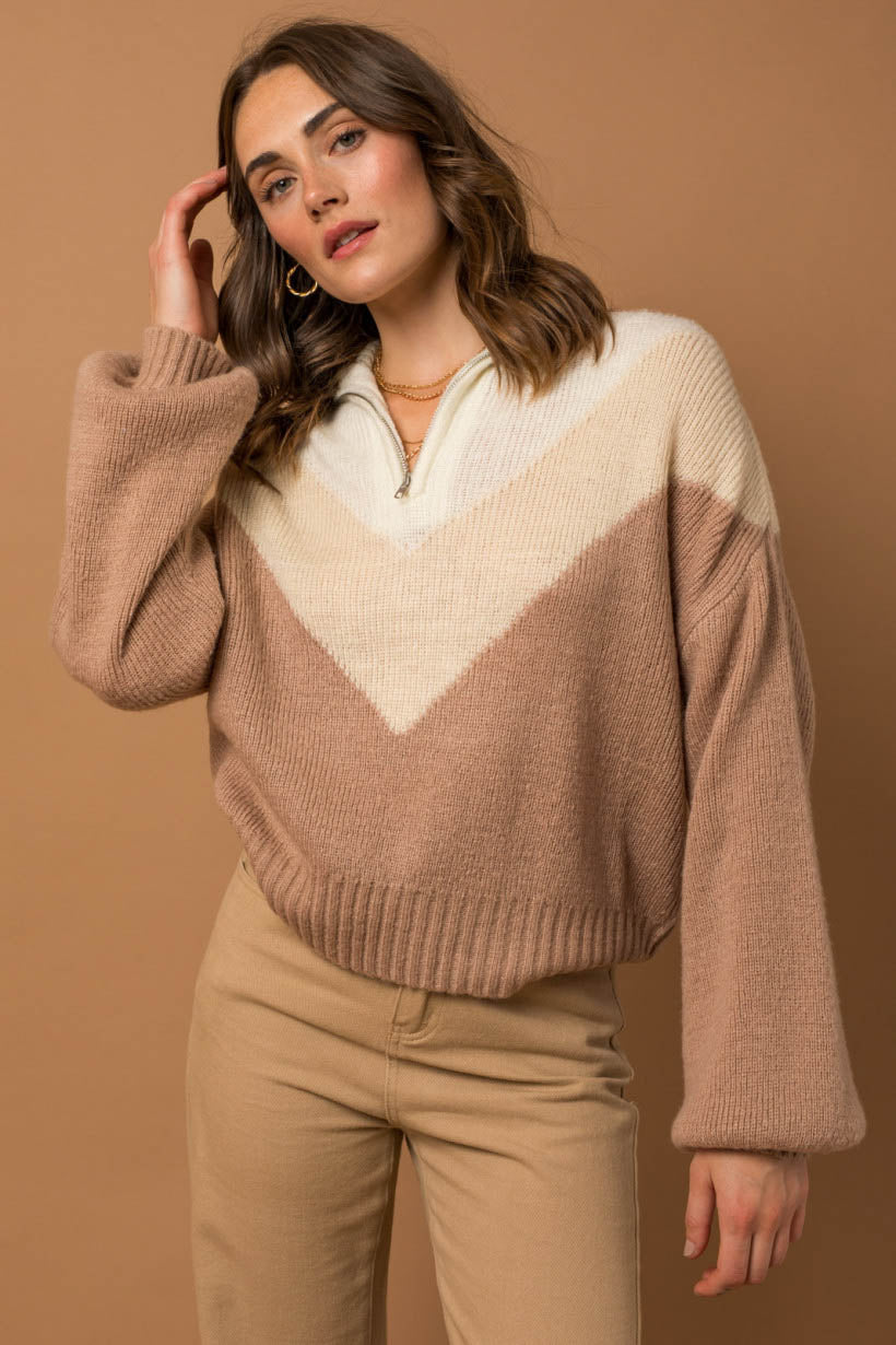 Greta Half Zip Chevron Color Block Sweater