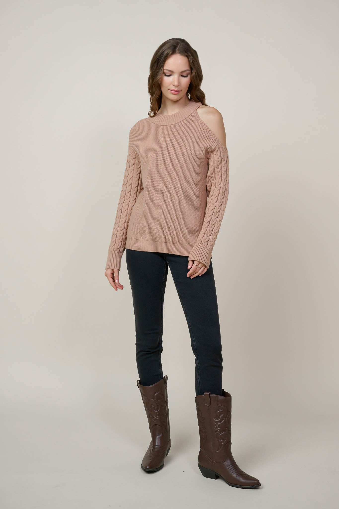 Lydia Cable Knit Cutout Shoulder Sweater