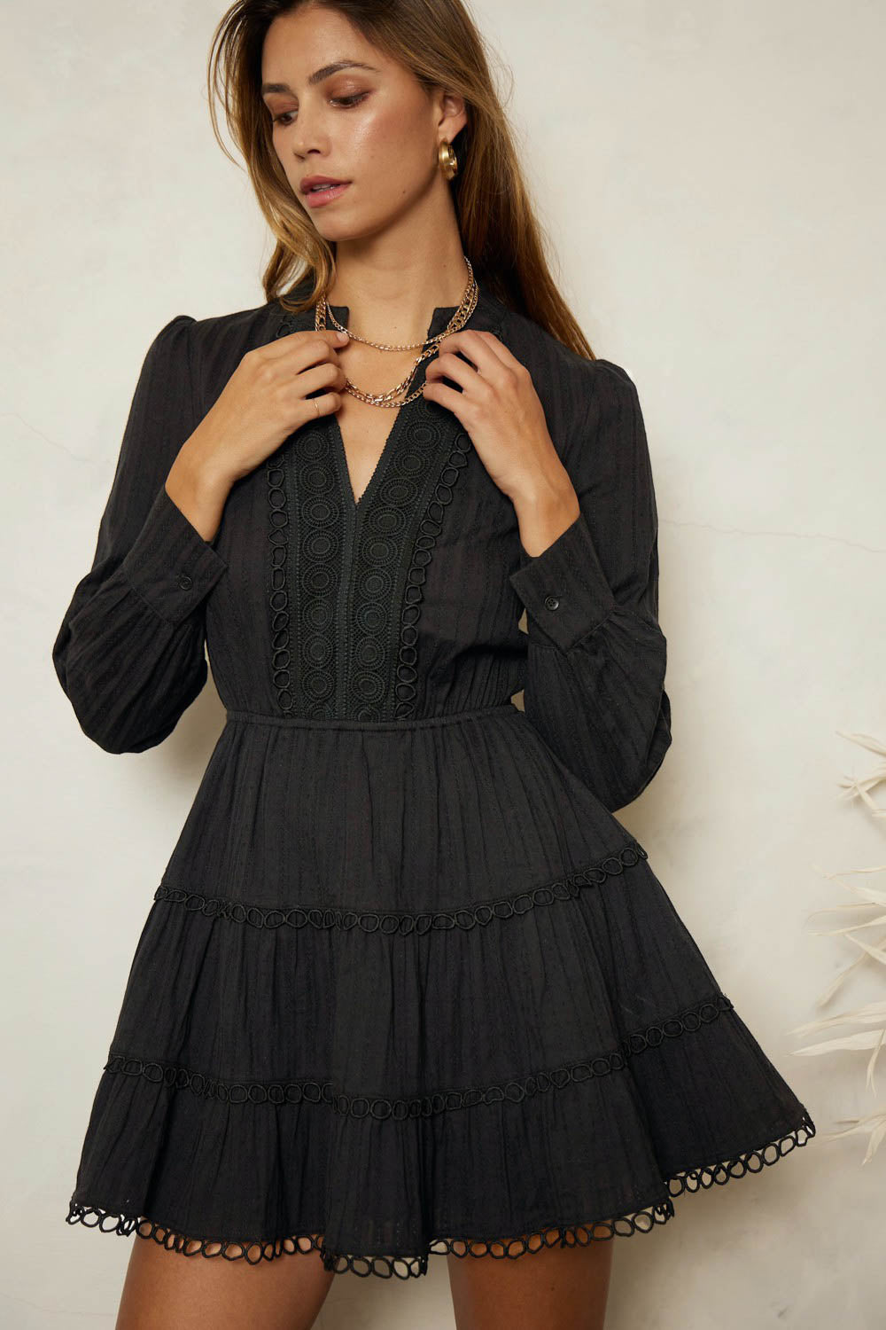 Mikayla Long Sleeve Embroidered Tiered Dress